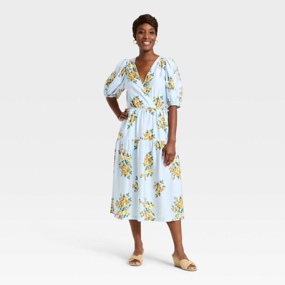 Women's Short Sleeve Wrap Tie Tier Midi Empire Waist Dress - Blue Floral XL